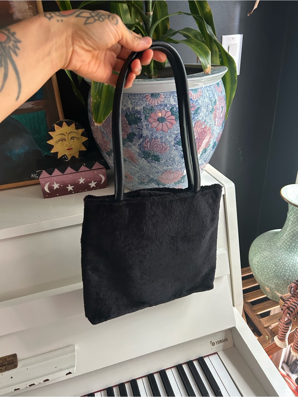 Bebe Black Faux Fur Mini Tote Bag Y2K Shoulder Handbag